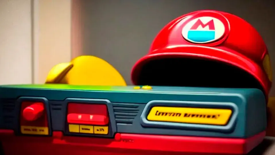 Consola de videojuegos con un gorro rojo con la letra M