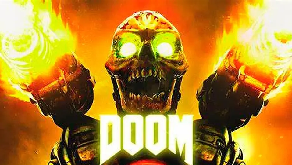 Letra de Doom con una calavera de fondo y fuego