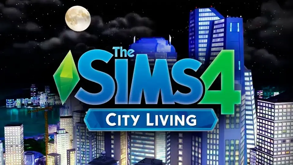 Imagen de los sims4 con un fondo de ciudad en la noche
