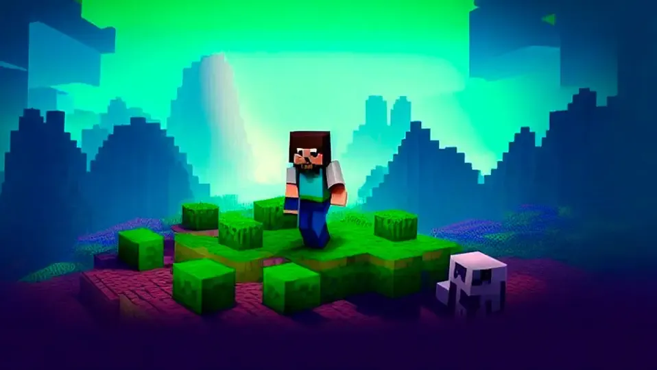 Videojuego retro de cubos con un fondo de colores llamativos