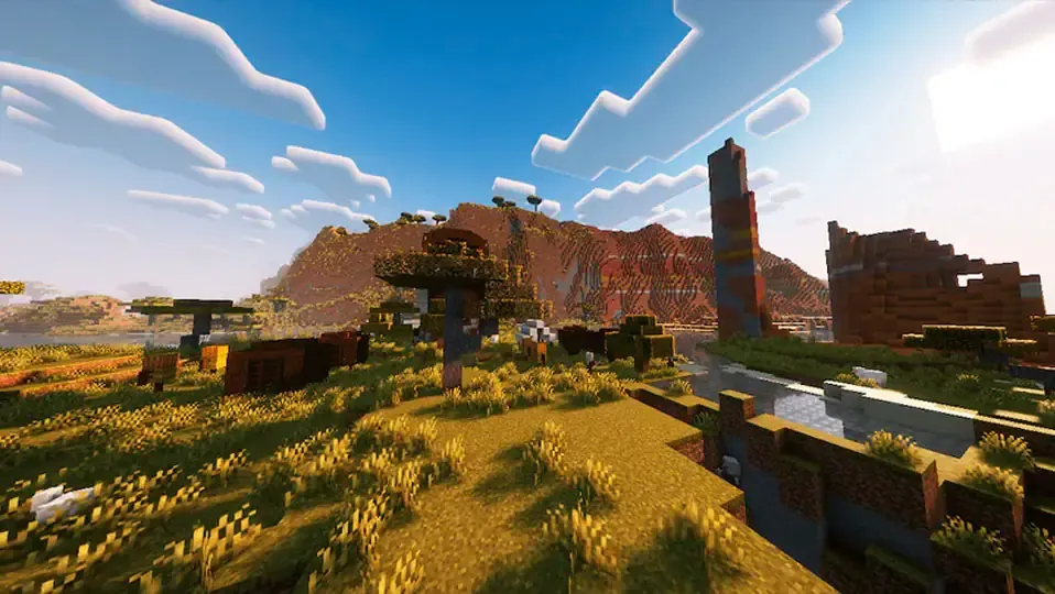 Mundo de minecraft con un fondo de un bioma de acacia y con una estructura de un pillager outpost
