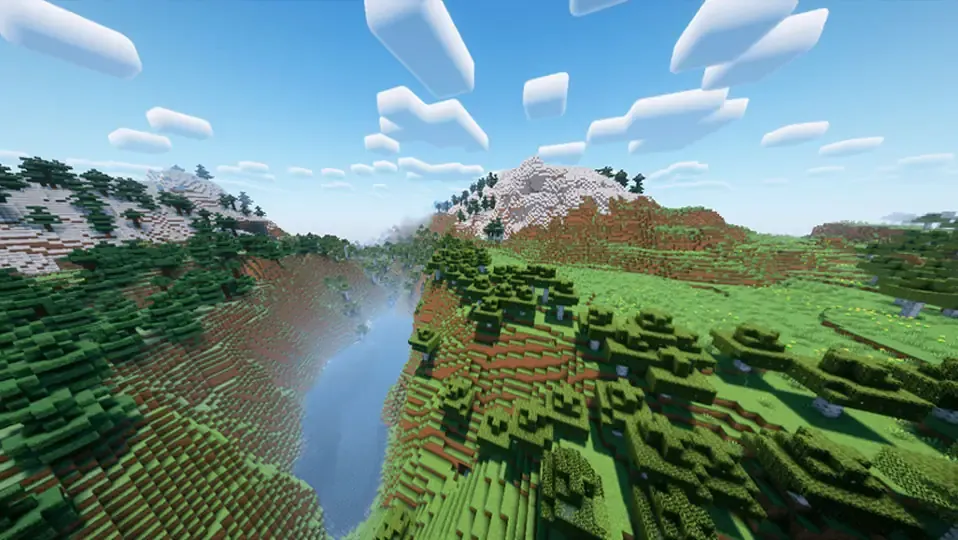 Mundo de minecraft con dos montañas y un rio en el medio