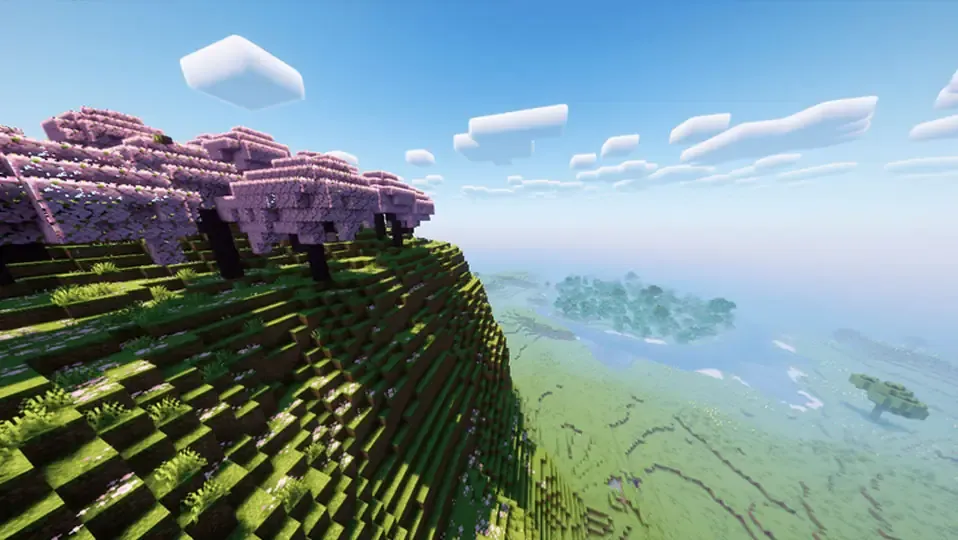 Mundo de minecraft con una montaña de cherry blossom