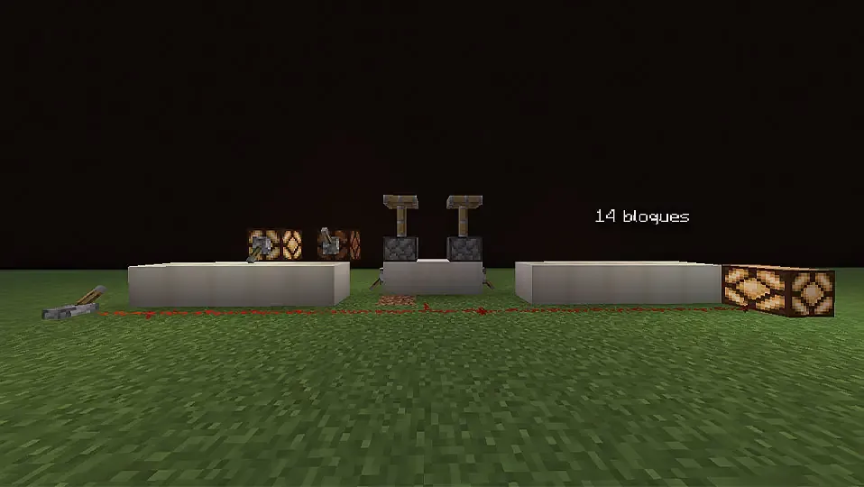 Varios componentes de redstone demostrando como se usa la palanca de redstone con un fondo de un mundo plano