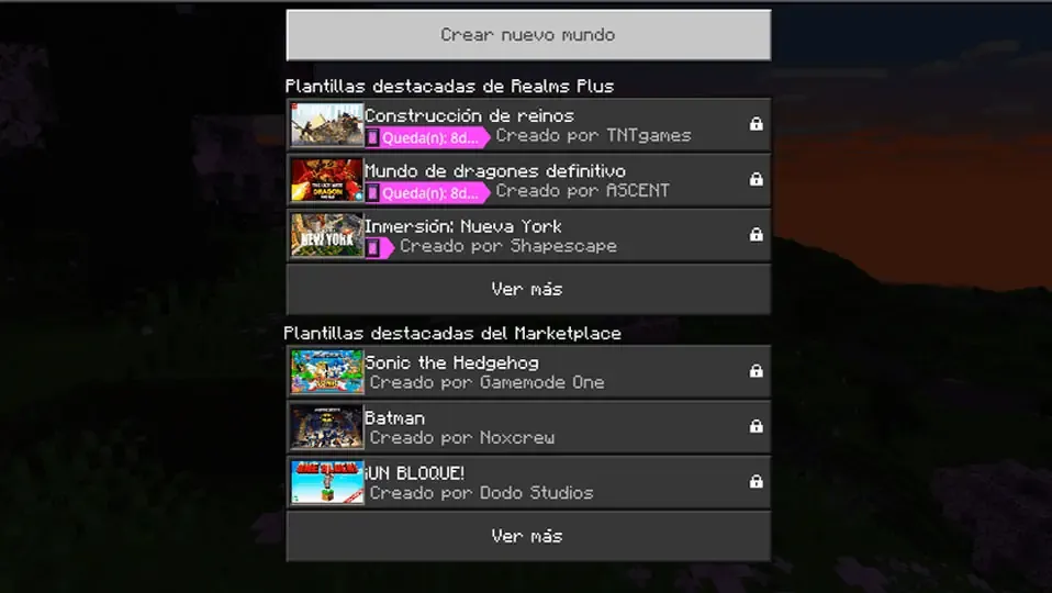 Menu de crear un mundo nuevo de Minecraft bedrock edition