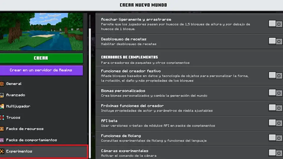 Menu de crear un mundo nuevo de Minecraft bedrock edition con el texto de activar funciones experimentales