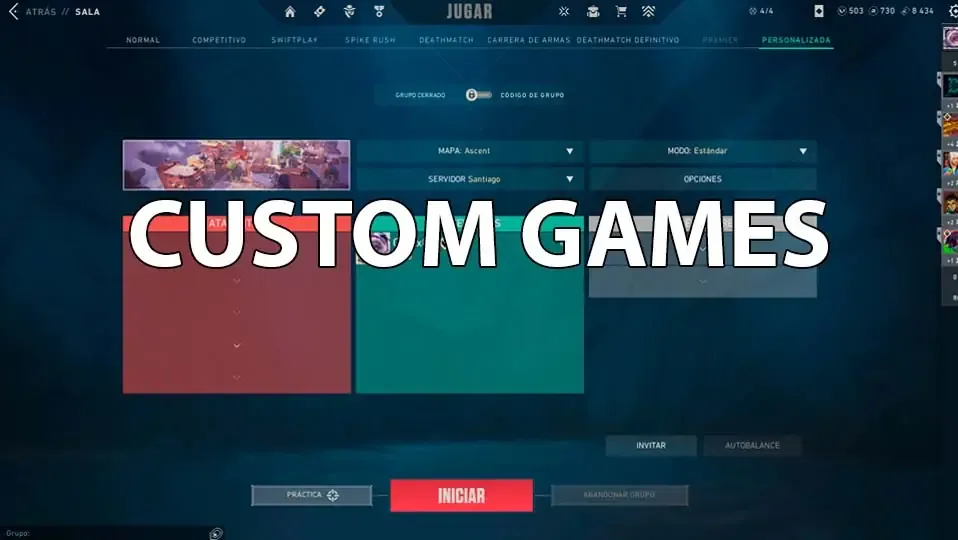 Menu de partida personalizada de Valorant con las configuraciones de la partida