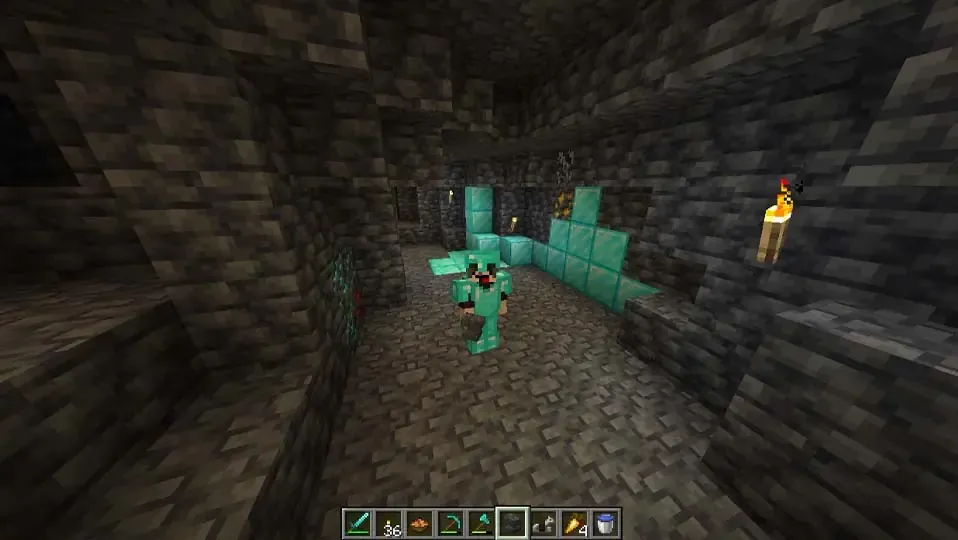 Jugador en cueva de minecraft con diamantes en las paredes y un fondo de cueva iluminada