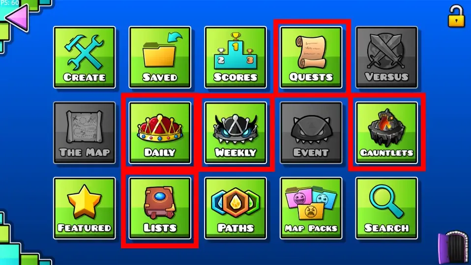 Menu de secciones de Geometry Dash con algunas secciones marcadas