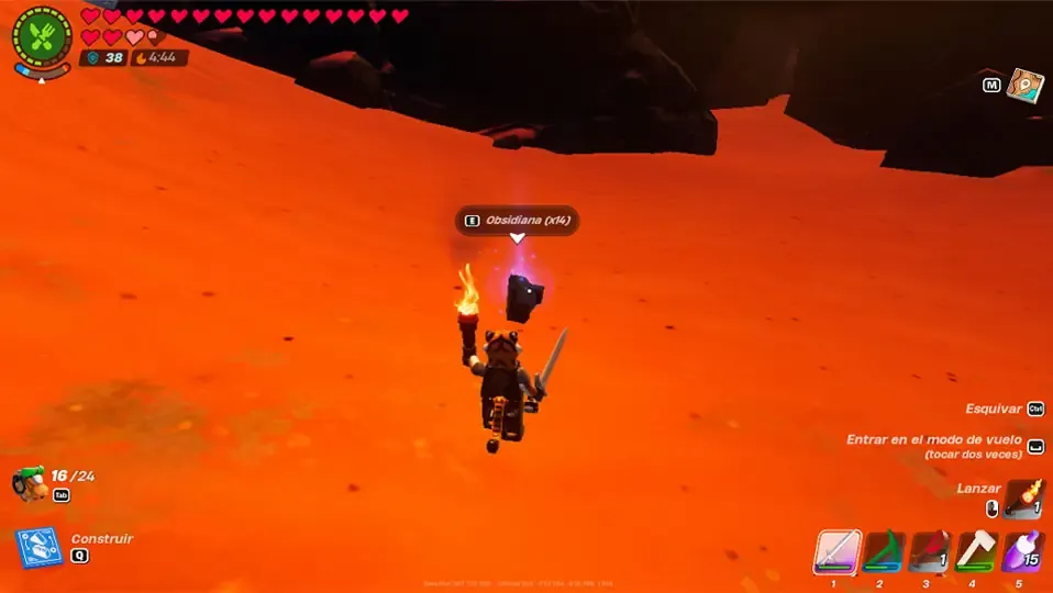 Captura de pantalla de Fortnite Lego con el item de obsidiana en el suelo