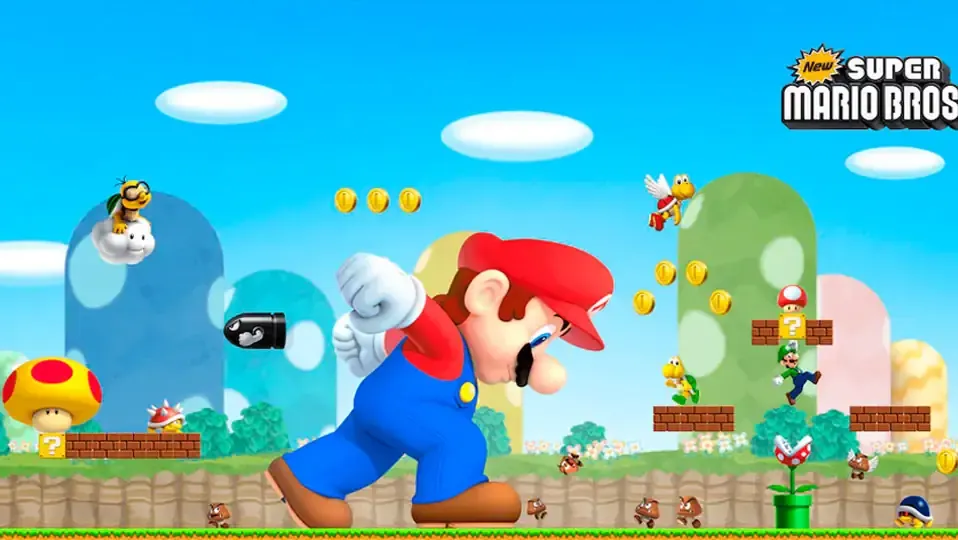 Imagen de Mario Bros con un fondo de colores y con el logo del juego