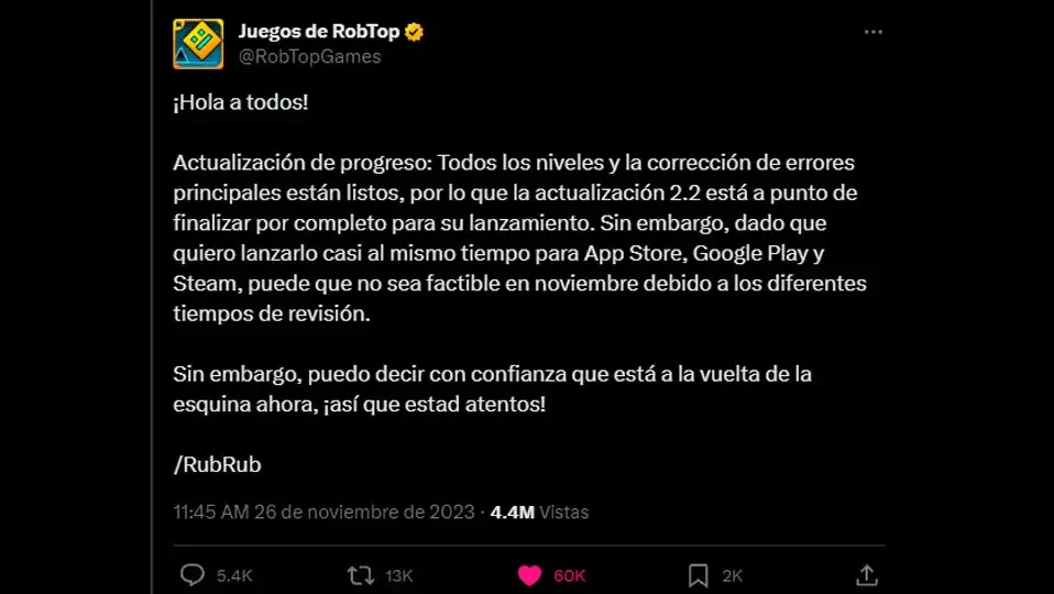 Captura de X con un mensaje de Robtop sobre Geometry Dash 2.2