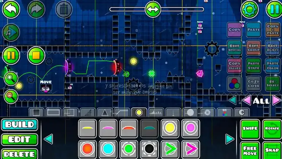 Modo editor de Geometry Dash con un nivel creado
