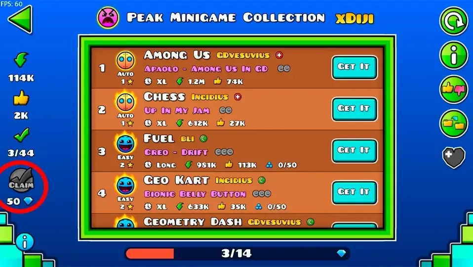 Captura de pantalla de Geometry Dash en el menu con el boton de reclamar marcado