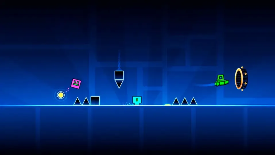 Nivel de Geometry Dash 2.2 con un fondo de colores y con varios jugadores