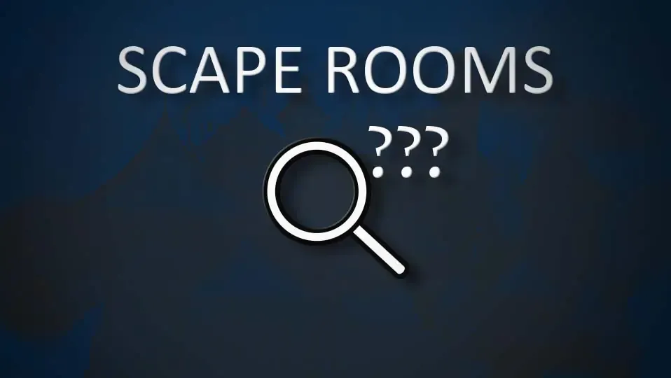 Imagen con letras de scape rooms y un fondo de misterio, junto a una lupa
