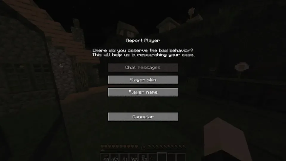 Menu de reporte de un jugador de Minecraft con una seleccion de razon
