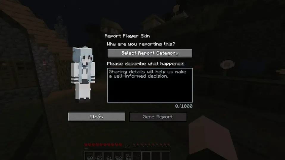 Menu de reporte de un jugador de Minecraft con un formulario de reporte