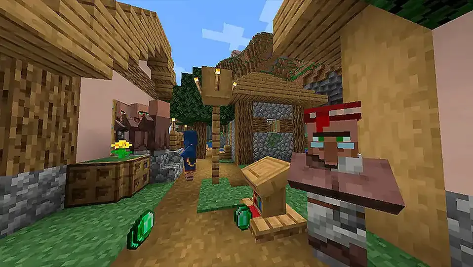 Captura de pantalla de Minecraft con un aldeano y un fondo de un pueblo