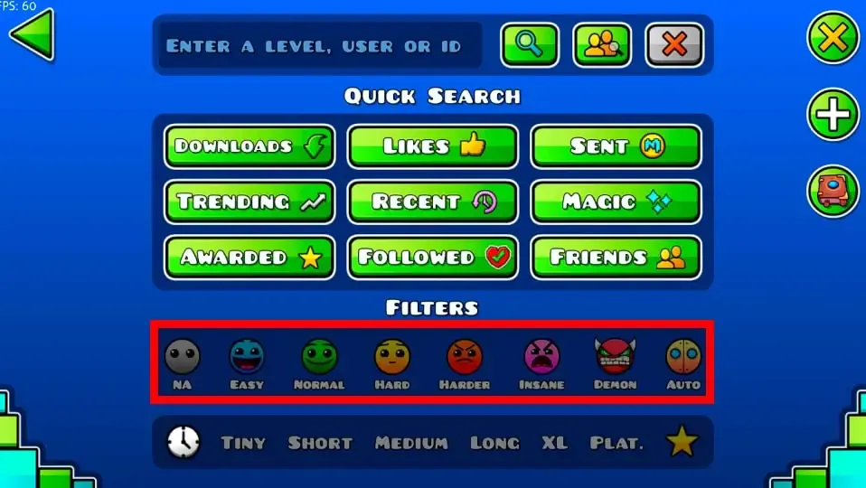 Menu de busqueda de Geometry Dash con la seleccion de filtros de dificultad