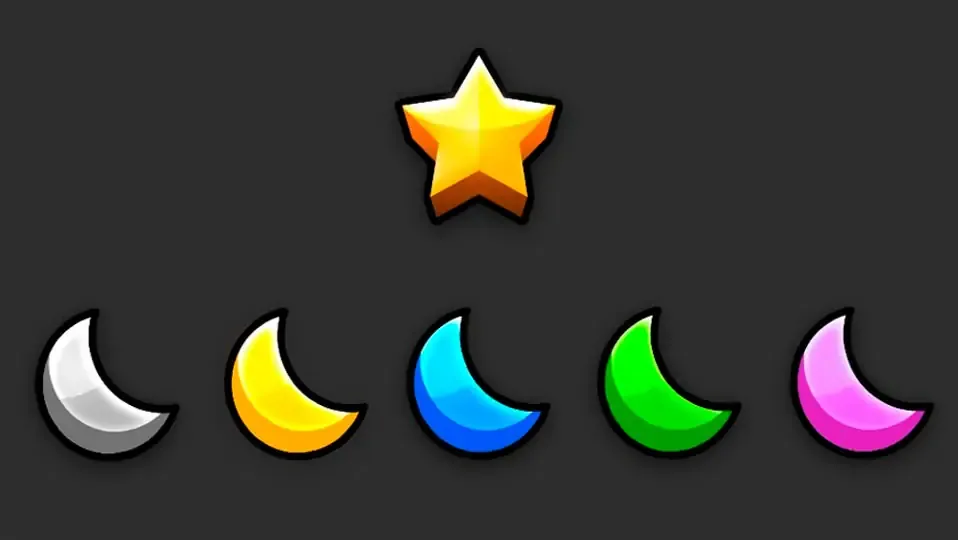 Imagen con una estrella arriba de Geometry Dash y abajo varios colores de lunas