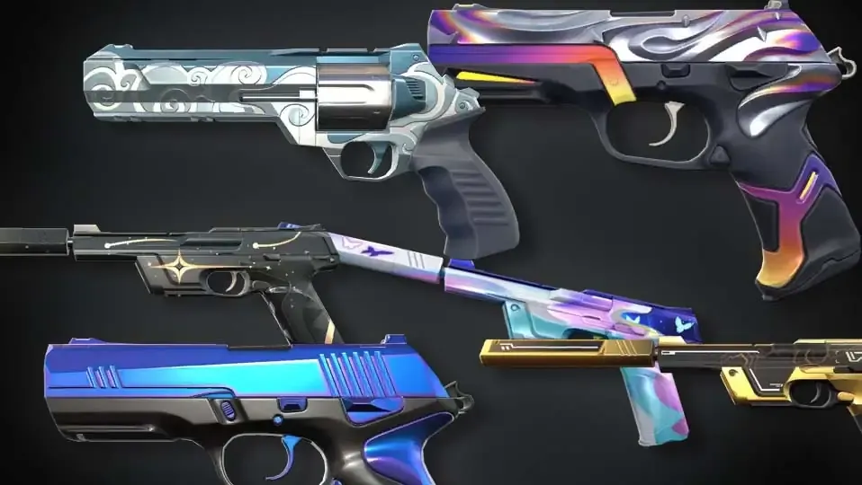 Imagen con varias skins de armas de valorant en un fondo oscuro