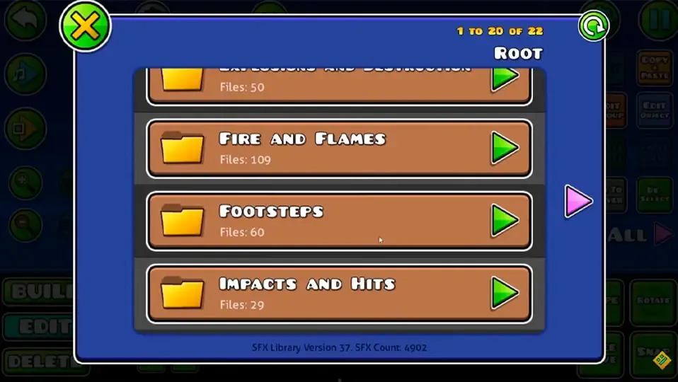 Menu de Geometry Dash 2.2 de musica personalizada en el modo creador