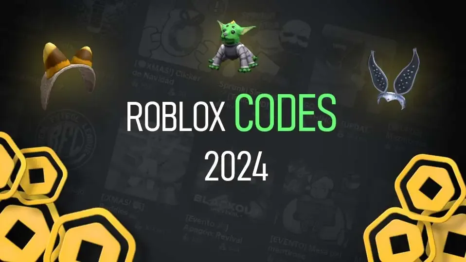 Articulos gratituos de roblox con texto de códigos promocionales y con un fondo de juegos