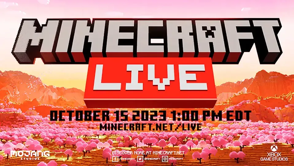 Texto de la Minecraft Live 2023 con la fecha de la presentación y un fondo de Minecraft