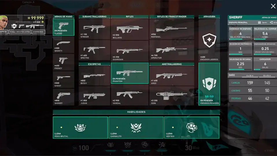 Menu de Valorant de compra de armas y habilidades con un fondo de un mapa