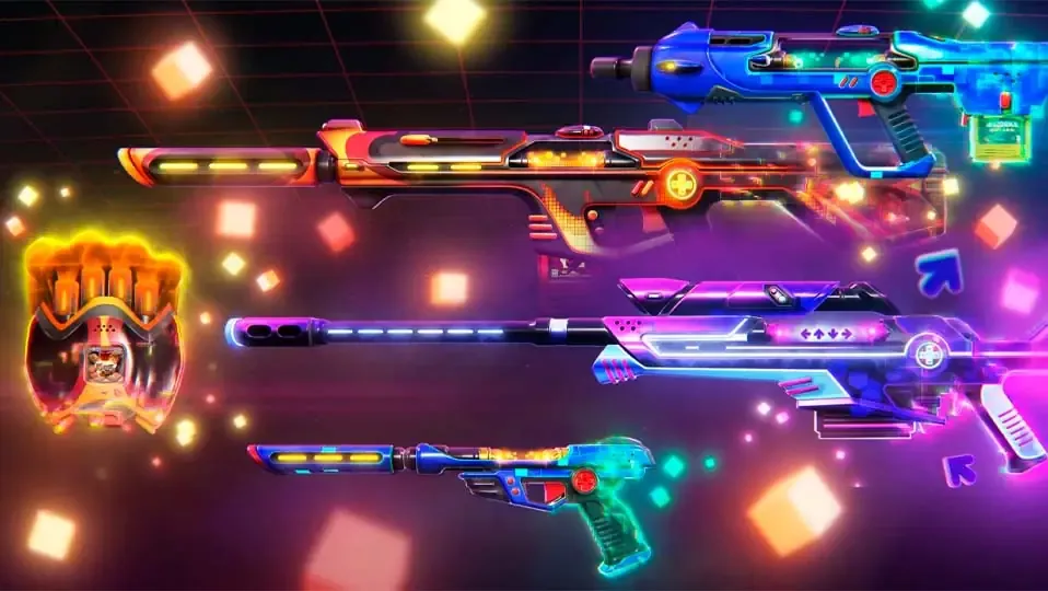 Skin de Valorant de Arcade 2.0 en la tienda de valorant, con un fondo de colores